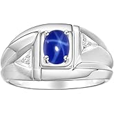 Rylos Men's Sterling Silver Classic Designer Ring - 6X4MM Oval Gemstone & Sparkling Diamond - Birthstone Rings for Men - Available in Sizes 8 to 13