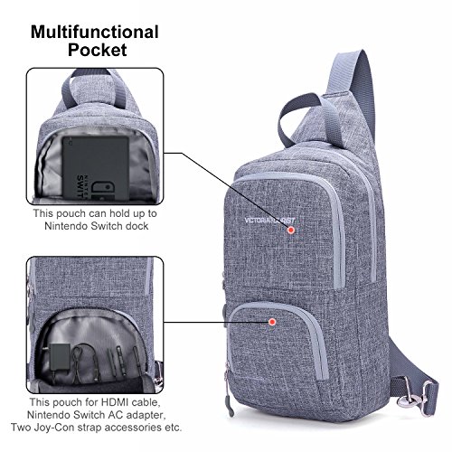 Victoriatourist WANDF Switch Travel Bag, for Nintendo Switch Console, Dock, Joy-Con Grip & Switch Accessories, Protective Storage Sling Backpack Shoulder Bag for Nintendo Switch and iPad (Gray-2) - Thumbnail 3