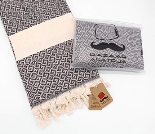 Bazaar Anatolia Diamond Turkish Towel 100% Cotton Peshtemal Bath Towel 77x38 Thin Lightweight Travel Camping Bath Sauna Beach Gym Pool Blanket Fouta Bridesmaid Gift Quick Dry Towels (Black)