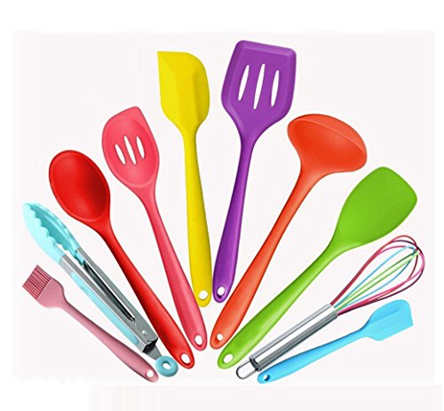 Freshlove VOFO 10-Piece Silicone Cooking Set - 2 Spoons, 2 Turners, 1 Spoonula/Spatula & 1 Ladle - Heat Resistant Kitchen Utensils (Multicolor 2)