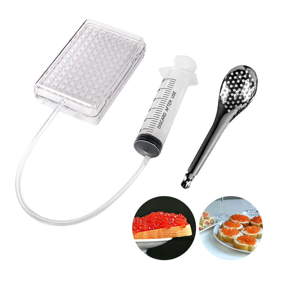DUEBEL Upgraded Spherical Caviar Dispenser, Caviar Maker Box, Molecular Gastronomy Kit | 96 Holes Roe Sauce Dispenser with Infuser & Strainer Spoon