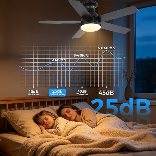 OZENAOS Ceiling Fan with Light, 112 cm (44 Inches), Silent DC Motor, Remote Control, 6 Speed, Timer, 3 Colours of Dimmable, Black, for Living Room, Bedroom