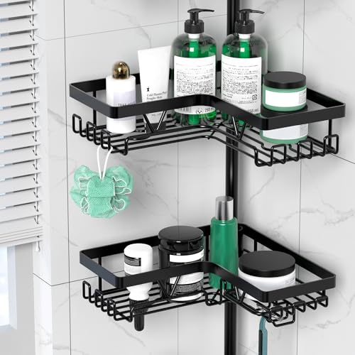 Cooeco Shower Caddy Corner - Telescopique Bathroom Shelf from 25 to 114 Inches, Rustproof Shower Caddy with 4 Baskets, No Drilling