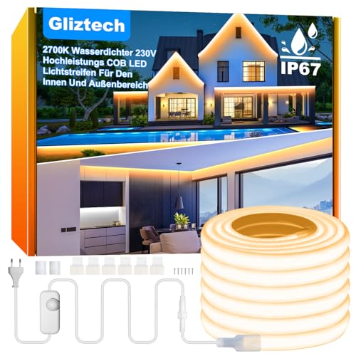 Gliztech IP67 Waterproof COB LED Strip AC 230 V Direct Plug, 20 m Super Bright LED Light Strip, Self-Adhesive Outdoor with Double Fuse Controller, 2700 K LED Strip, Warm White for Garden, Commercial Decoration