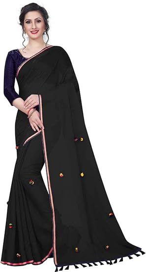 Blue Wish Womens Fancy Designer Ethnic Wear Plain Heavy Chanderi Cotton Saree With Multi-coloured Pom Pom