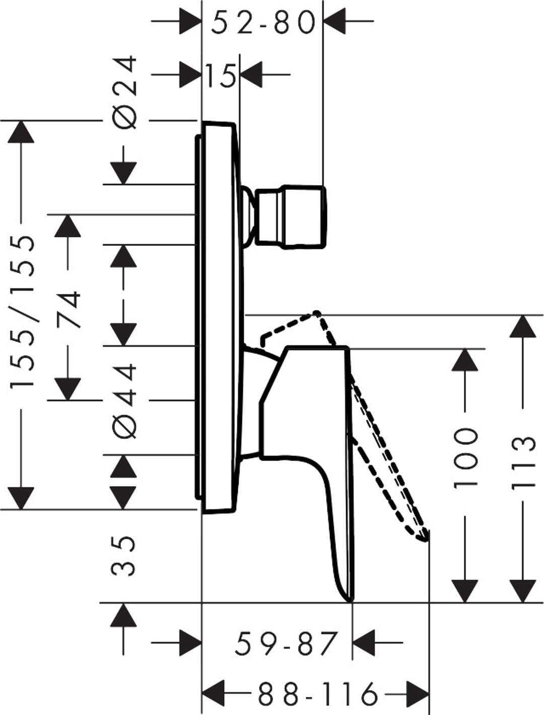 Technical drawing with dimensions of the Hansgrohe Talis E mixer