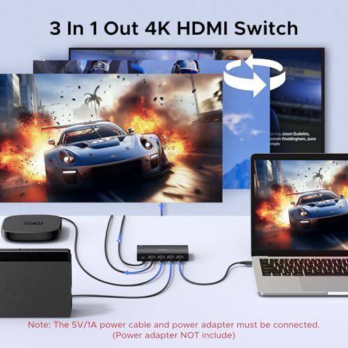 UGREEN HDMI Switch 3 in 1 Out, 4K@60Hz HDMI Splitter with Remote Supports HDR10+, 3D, Dolby Atmos, HDCP 2.2 Switcher Compatible with PS5/4/3 Xbox Series Roku TV Fire Stick Blu-Ray Player