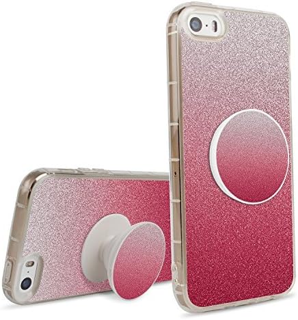 iPhone 5S/SE/5 Bling Case, Bling Glitter Soft TPU Rubber Bumper Shockproof Cover Case with Expanding Stand Grip for Apple iPhone 5S/SE/5, Perfect for Fashion Girl and Children - Pink