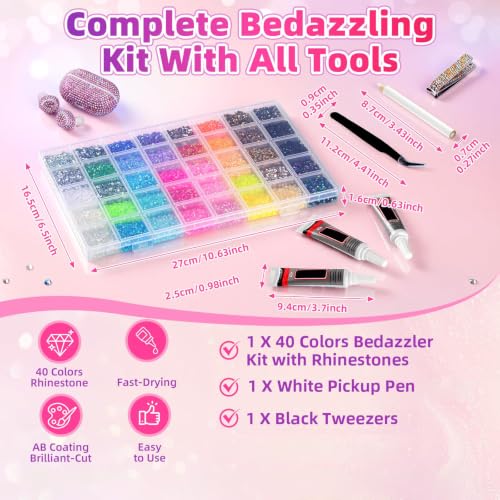 40000Pcs 40 Colors Resin Jelly Rhinestones Kit, 3mm Flatback Rhinestones with 3Pcs B7000 Jewelry Glue & Tools, Bedazzler Kit for DIY Arts & Crafts Gifts (40)