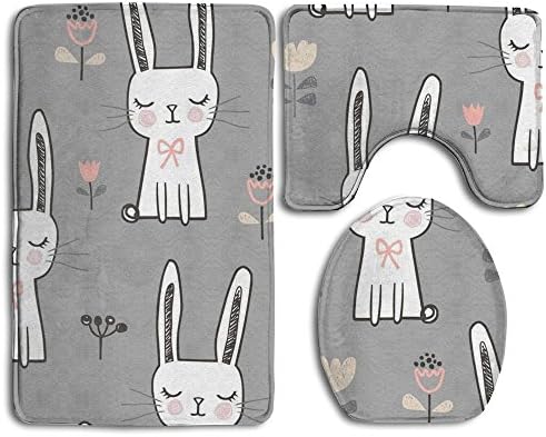 Rabbits Dreamy Bunny Rabbit Bath Mat Set,3 Piece Bathroom Mats Set Non-Slip Bathroom Rugs/Contour Mat/Toilet Cover