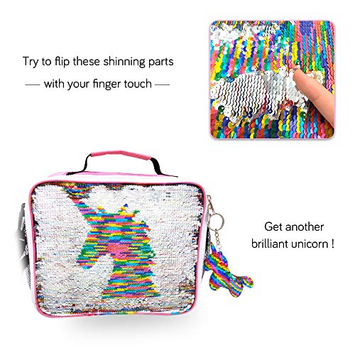 JYPS Insulated Unicorn Lunch Box for Kids, Flip Sequin Girls Tote Lunch Bags with Shoulder Strap, Handheld Reusable Lunch Box Bags Christmas Gifts for Girls at School
