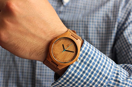Treehut Mens Wooden Bamboo Watch with Genuine Brown Leather Strap Quality Miyota Movement, 1.7 inches, Perfect Men Boyfriend Husband Gift, Green Second Hand