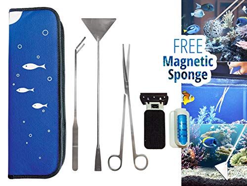 Fish Tank Cleaner Aquascaping Water Aquarium Scissor Spatula Tools Accesories in Leather Case, Magnetic Sponge Scraper Algae Cleaner for Aquarium and Plants, Fish Tank Starter Kit Set of 4