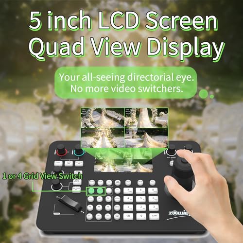 PTZ zowietek Controller with NDI|HX3 Support, 7D ZowieKBD Joystick, HDMI Output, 5" Quad-View Real-Time LCD Display, Automatic Camera Detection, Group Control, Tally and Audio Output