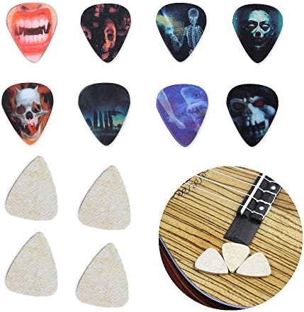 Easeicon 8 Pieces 0.46mm Gothic (Skeletons,Death,Vampire & Bats Patterns) Guitar Picks and 4 Felt Plectrums with Designed Pick Tin Box