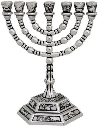 7 Branch Hexagonal Base 12 Tribes of Israel Menorah in Antique Silver by World Of Judaica