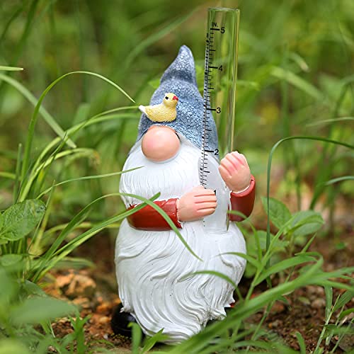 WXCTEAM Rain Gauges Gnome Garden Statue Decoration with Two Glass Rain Gauge Replacement Tube, Hand Painted Resin Gnome Sculpture Water Gauge for Yard Fence Patio Lawn Deck