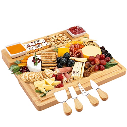 Large Charcuterie Boards and Knife Set Bamboo Cheese Board Wine