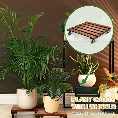 Heavy Duty Plant Caddy, Wood Rolling Plant Stand 220 LB, 2 PCS 14in with 4 Wheels, Wooden Plant Dolly with Metal 360° Lockable Caster Wheels, for Outdoor Indoor Plant Pots, Flower Pot, Patio (Square)