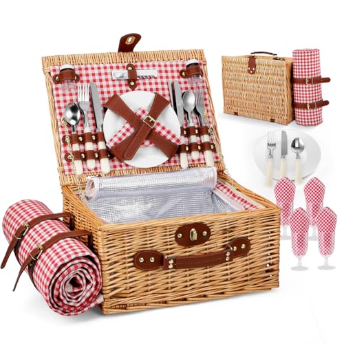Wicker Picnic Basket Wicker Picnic Basket for 4 Person Woven Basket with Integrated Insulation and Waterproof Tarpaulin, Complete Set with 4 Cutlery, Plates, Glasses for Camping Garden BBQ