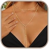 HERIER Lariat Gold Necklace for Women, Dainty Long Necklace 14k Gold Plated/Silver Y-Shaped Layered Beaded Chain Drop Necklac