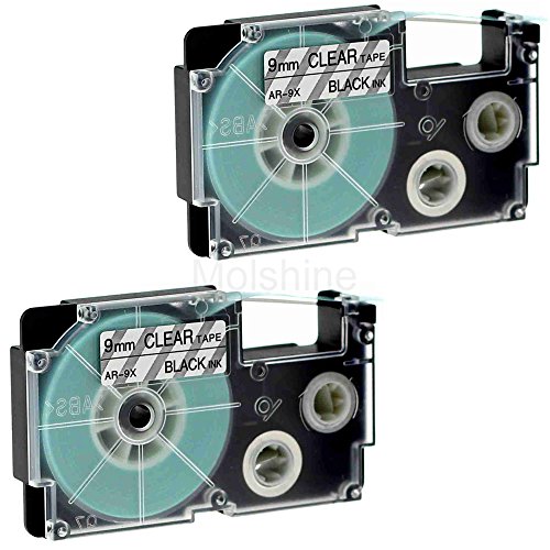 Molshine Compatible Label Tape Replacement for CASIO XR-9X XR-9X2S XR9X XR9X2S Black on Clear (0.35'' 3/8" 9mm) 8m Pack 2