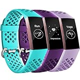 Maledan Bands Compatible with Fitbit Charge 3, Replacement Accessories Breathable Sport Band Wristbands with Air Holes for Charge 3 and Charge 3 SE, 3 Pack, Teal/Plum/Lavender, Large
