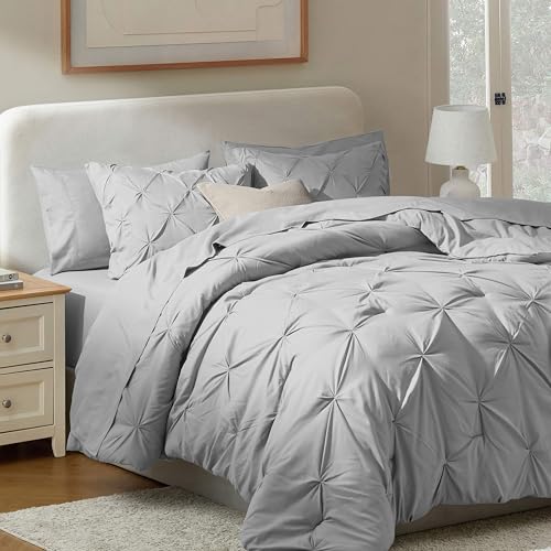 Nestl 9 Piece California King Comforter Set – Light Grey Pinch Pleated Bed in a…