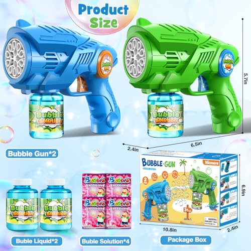Nicmore 2 Electric Bubble Gun Children: Bubble Machine with 2 Soap Bubbles Refill Solution & LED Light One Button Start & Leak-Proof Bubble Gun for Outdoor Party (3+ Years)
