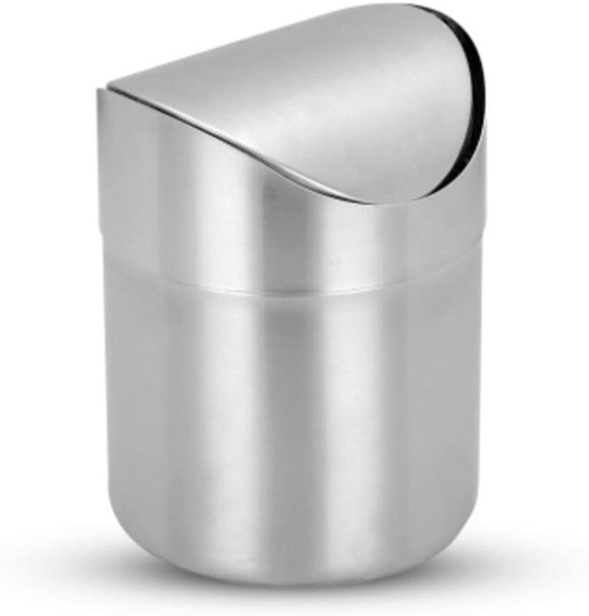 OOFWY Stainless Steel Swing Lid Mini Trash Can, Kitchen Desktop Storage Barrels Rubbish Bin, Food Garbage Can , Silver