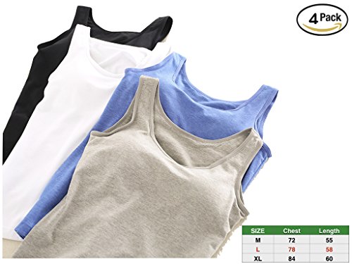 Shelf BRA Cami Cotton Tanks Shelf-Bra Camisole Spaghetti Strap Layering Cami Top Tank Black White Blue Grey 4 Pack US-HC001 (L)