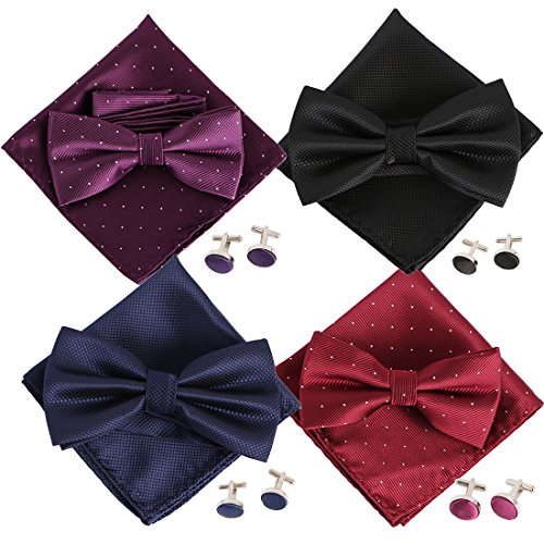 kilofly 4 Sets Gentlemen Men Pretied Bow Tie Cufflinks Handkerchief Value Combo