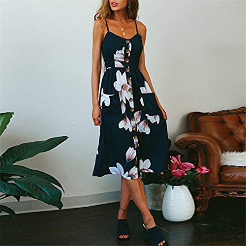 LitBud Women Sundresses Summer for Women Ladies Spaghetti Strap Casual Vintage Party Holiday Button Down Vacation Midi Swing Easter Dress with Pockets Floral Navy Blue Size 8 10 L