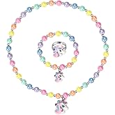Msnailfly Unicorn Stretch Necklace Little Girl Toddler Necklace Bracelet Set, Little Princess Jewelry Accessories Favors Bags for Girls (2)