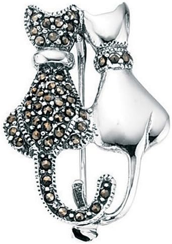Elements Sterling Silver Ladies Marcasite and Plain Double Cat Brooch