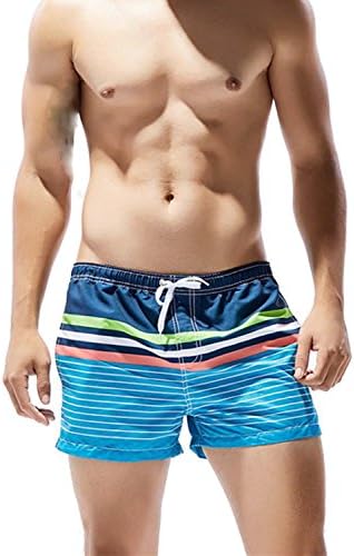 Mens Swim Trunks Swimming Briefs Beach Shorts QuickDry Swimwear Swimsuit Stripe Sky Blue L
