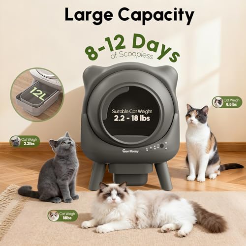 Cavrtbany Automatic Cat Litter Box, Self Cleaning Litter Box, Robot Litter Box for Multiple Cats, Litiere Pour Chat Autonettoyant, with Smart APP Control and 5 Safety Sensors, with Trash Bags, Gray