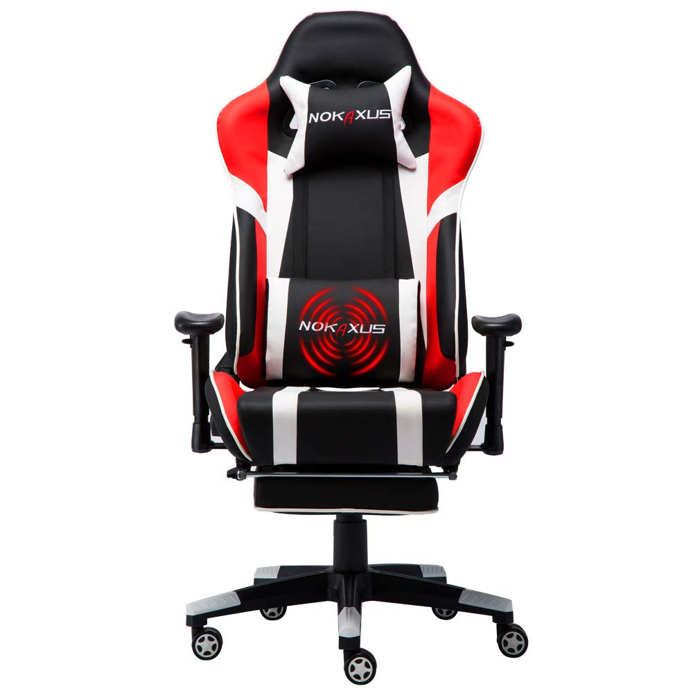 Nokaxus Gaming Chair Large Size High-Back Ergonomic Racing Seat with Massager Lumbar Support and Retractible Footrest PU Leather 90-180 Degree Adjustment of backrest Thickening sponges (YK-6009-RED)