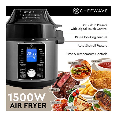 ChefWave 2-in-1 Air Fryer and Pressure Cooker - 6 Qt Multi Cooker Swap Pot with 29 Presets - Steamer, Dehydrator, Slow Cook, Saute - Digital Control Panel, LCD Touchscreen Display, Recipe Book - Thumbnail 4