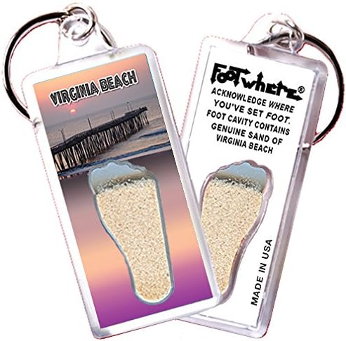 Virginia Beach “FootWhere” Keychain (VB103 - Sunset Pier). Authentic destination souvenir acknowledging where you've set foot. Genuine soil of featured location encased inside foot cavity. Made in USA