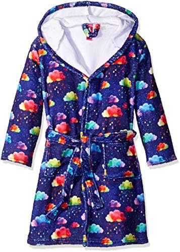 Up Past 8 Little Girls' Fuzzy Hooded Robe, Rainbow Clouds, Medium/6/7