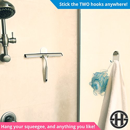 HOME SO Shower Squeegee with Two 3M Adhesive Holder Hooks - Deluxe Stainless Steel Wiper Scraper for Bathroom Shower Glass Door, Mirror, Windows, Tiles - Chrome - Thumbnail 4