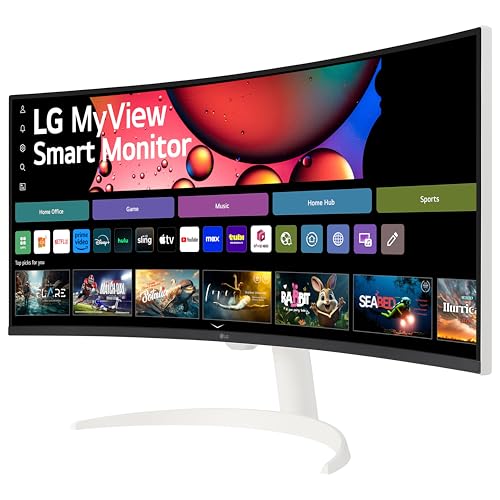 LG 34SR63QA-W 34 inch Smart Curved Monitor with Streaming TV, QHD 1440p, UltraWide Screen, USB Type-C 65W PD, 1800R, webOS, HDR10, 100Hz, Built-in Speaker, AirPlay2, Screen Share, Bluetooth, White
