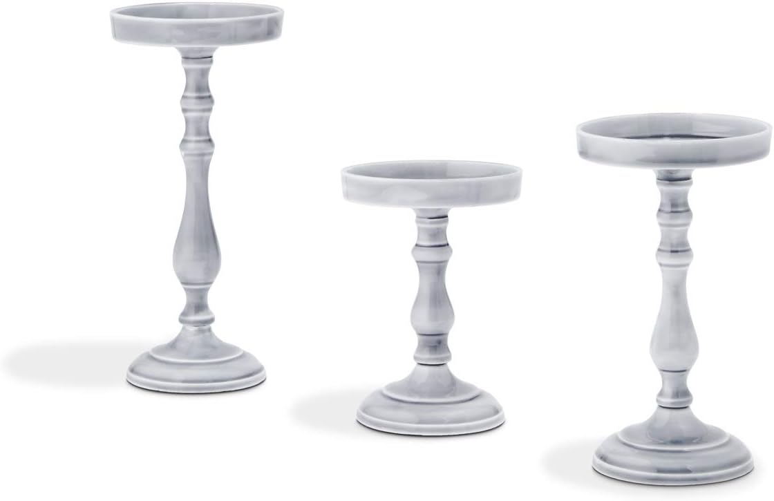 Pillar Candle Holder Set of 3 - Rustic Farmhouse Candleholders in 5, 6.5 and 8 Inch Tall, Grey Ceramic Finish, for Coffee Table Decor, Wedding Centerpieces, and Mother's Day/Summer Decoration: Kitchen & Dining