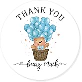 2.4 Inch Blue Bear Balloon Thank You Berry Much Sitcker,Baby Boy Thank You Bear Stickers,Boy Teddy Blue Bear Theme Favors Labels Decorations Supplies for Boys(80 PCS)