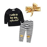 Baby Toddler Girl Long Sleeve Balck Top+Stripe Pants+Gold Headband 3Pcs Set (18-24 Month, Black)