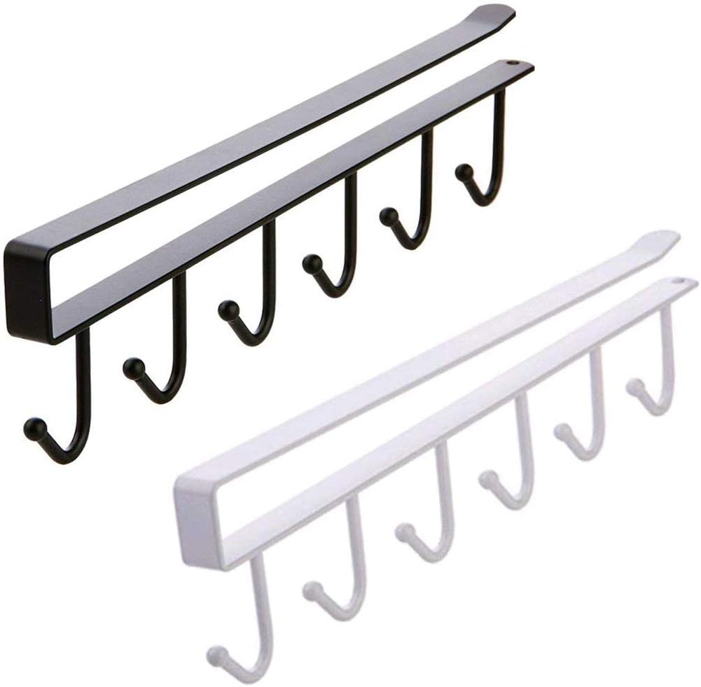 Multifunction Nail Free 6×2 Hook Mug Holder Under Shelf Mug Hooks Rack Hanger Coffee Cup Holder,Tie Hooks,Keys Hooks for Kitchen,Armoire, 0.8inch Thickness Shelf (Black and White)