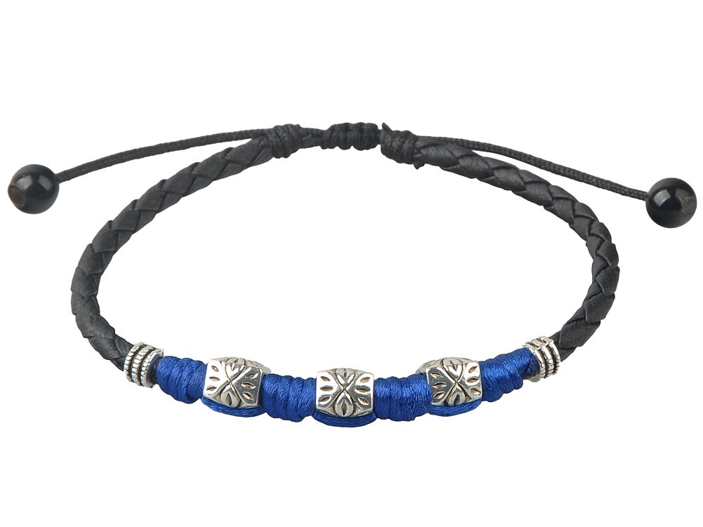 Black Braided Leather Anklet with Silver-Tone Embossed Beads and Blue Wrap – Adjustable 9 Inches / 23cm Boho Bracelet for Men and Women