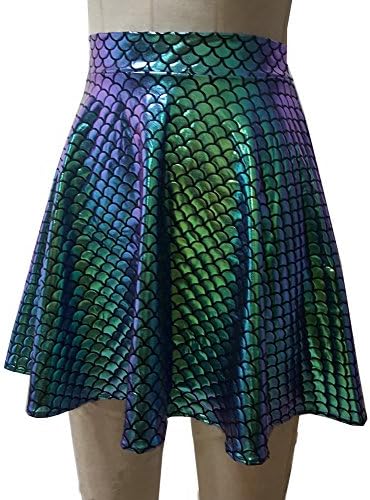 pinda Summer Musical Festival Holographic Rainbow Rave EDM Outfits High Waisted Flare Skater Skirt
