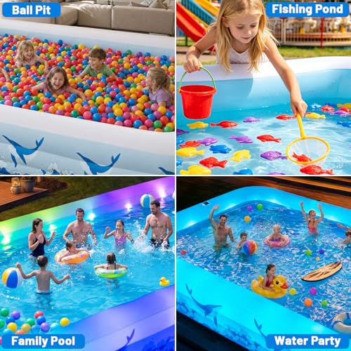 Large Inflatable Swimming Pool with Light, 12FT X 6.2FT Solar Blow Up Pool Inflatable Pool for Kids Adults, Durable Thickened 7 Color Family Kiddie Pool for Backyard Outdoor